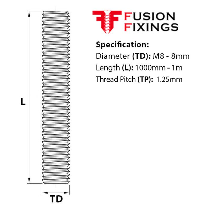 Size guide for the M8 x 1000mm Threaded Bar (studding) BZP Grade 8.8 High Tensile Steel DIN 976-1