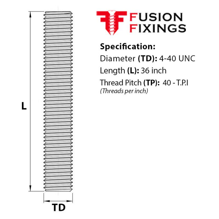 Size guide for the 4-40 UNC x 36 Inch Threaded Bar, (studding) A2 Stainless Steel, ASME B18.31.3
