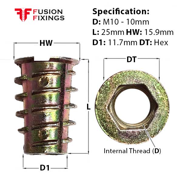Size guide for the M10 x 25mm Type D Flanged Threaded Insert Nut (10mm key) Zinc Plated. Part of a growing range of insert nuts for wood from Fusion Fixings.