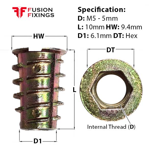 Size guide for the M5 x 10mm Type D Flanged Threaded Insert Nut (5mm key) Zinc Plated. Part of a larger range of threaded inserts for wood held in stock by Fusion Fixings