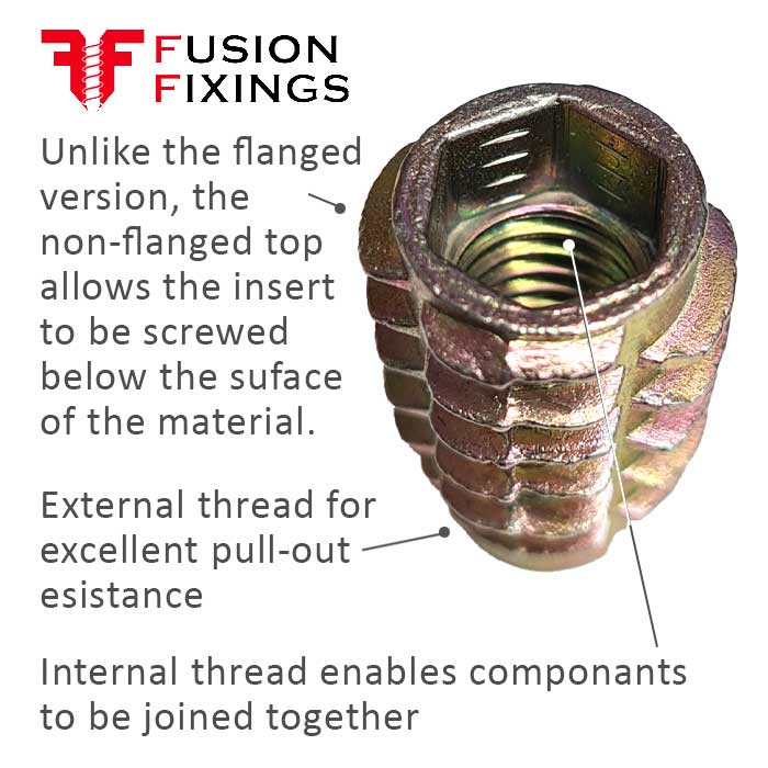 Information diagram for the M6 x 10mm E Type Threaded Insert Nut, Zinc Plated. Part of a larger range of threaded inserts from Fusion FIings