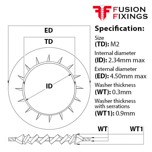 Size guide for the M2 Internal Fine Tooth Shakeproof Locking Washer A2 (304) Stainless Steel, DIN 6798J