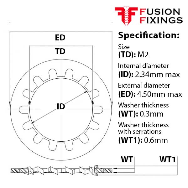 M2 Internal Tooth Shakeproof Locking Washer A2 (304) Stainless Steel, DIN 6797J