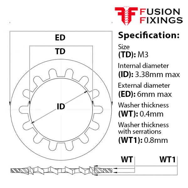 Size guide for M3 Internal Tooth Shakeproof Locking Washer A2 (304) Stainless Steel, DIN 6797J