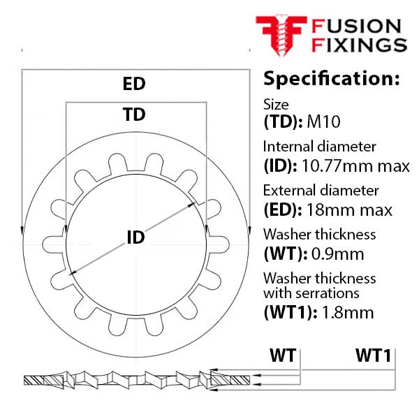 M10 Internal Tooth Shakeproof Locking Washer A2 (304) Stainless Steel, DIN 6797J