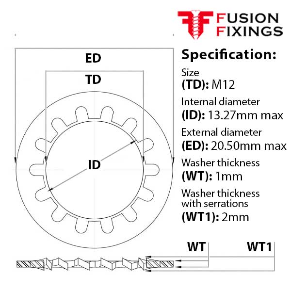 M12 Internal Tooth Shakeproof Locking Washer A2 (304) Stainless Steel, DIN 6797J