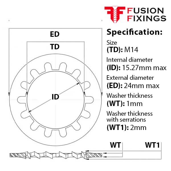 M14 Internal Tooth Shakeproof Locking Washer A2 (304) Stainless Steel, DIN 6797J
