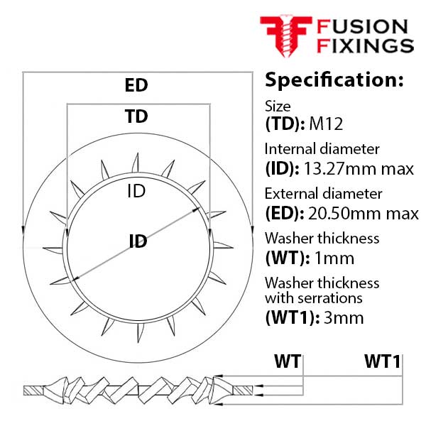 Size guide for the M12 Internal Fine Tooth Shakeproof Locking Washer A2 (304) Stainless Steel, DIN 6798J