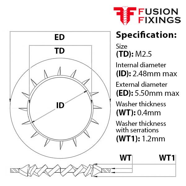 Size guide for the M2.5 Internal Fine Tooth Shakeproof Locking Washer A2 (304) Stainless Steel, DIN 6798J