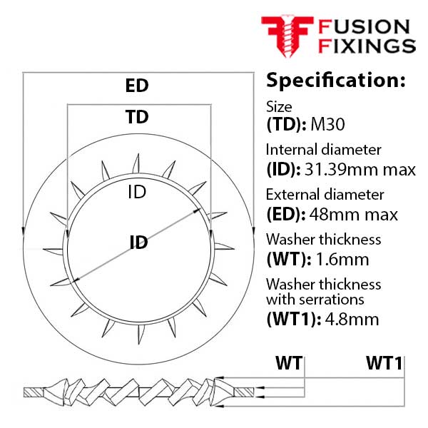 M30 Internal Fine Tooth Shakeproof Locking Washer A2 (304) Stainless Steel, DIN 6798J