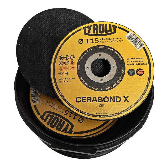 Tub of Tyrolit CERABOND X Cutting Discs, 115 x 1mm, Metal Cutting Discs, 41 CA60Q-BFPX (Tub of 25)