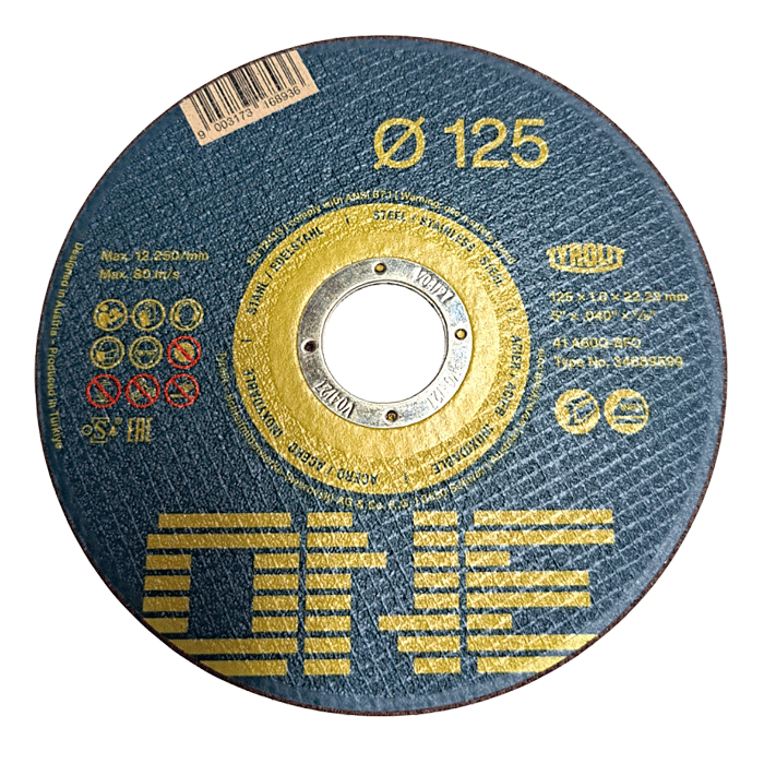 Tyrolit ONE Cutting Discs, 125 x 1mm (Bucket of 100) 2in1 Cut-Off All Steel Cutting Discs, A60Q-BFO